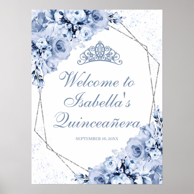Dusty Blue Floral Quinceanera Welcome Sign (Front)