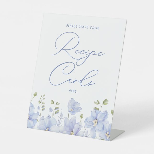 Dusty Blue Floral Recipe Cards Bridal Shower Pedestal Sign (Front)