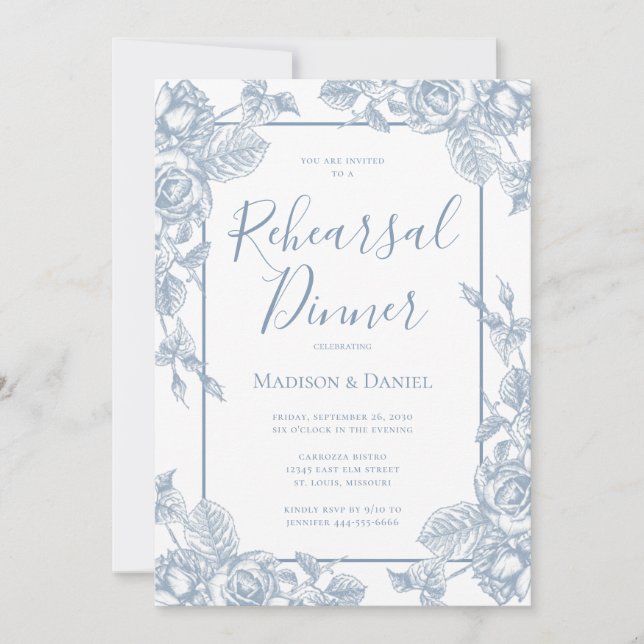 Dusty Blue Floral Rehearsal Dinner Invitation (Front)