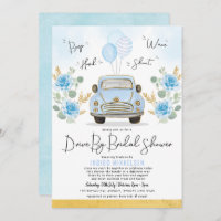 Dusty Blue Floral Retro Car Drive By Bridal Shower