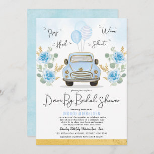 Dusty Blue Floral Retro Car Drive By Bridal Shower Invitation