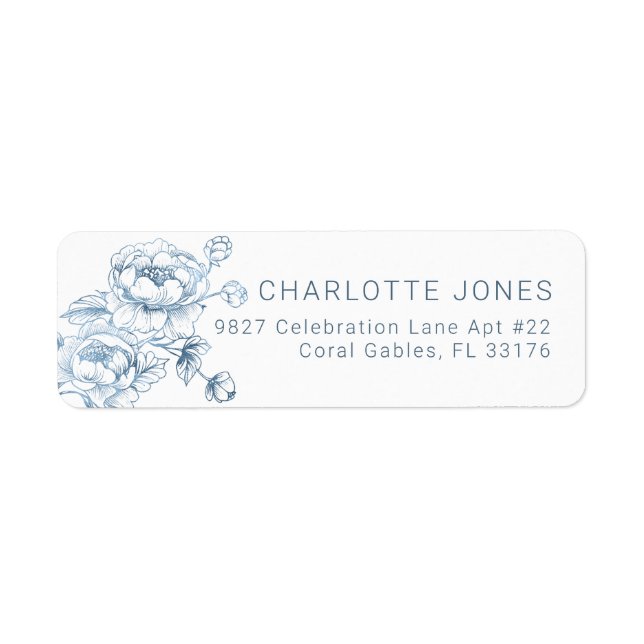 Dusty Blue Floral Return Address Elegant Script Label (Front)