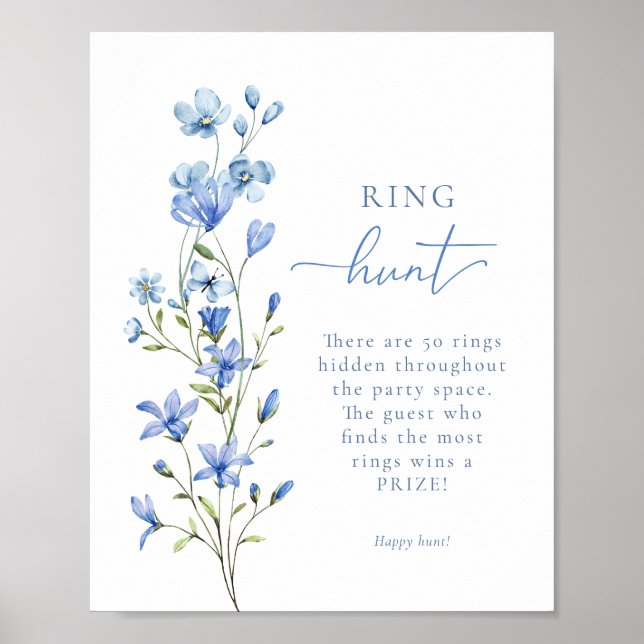 Dusty Blue Floral Ring Hunt Bridal Shower Game Poster (Front)