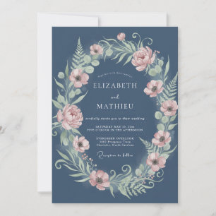 Dusty Blue Floral Romantic Laurel Wedding Invitation