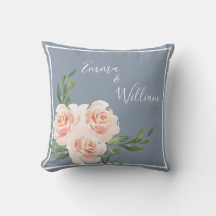 Dusty Blue Floral Romantic Names Script Wedding Cushion
