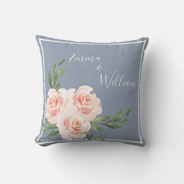 Dusty Blue Floral Romantic Names Script Wedding Cushion (Front)