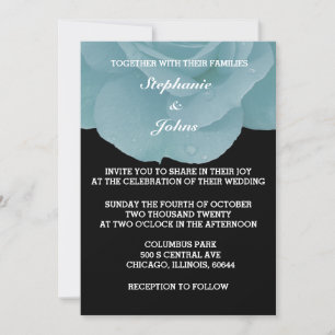 Dusty Blue Floral Rose Black White Cool Wedding Invitation