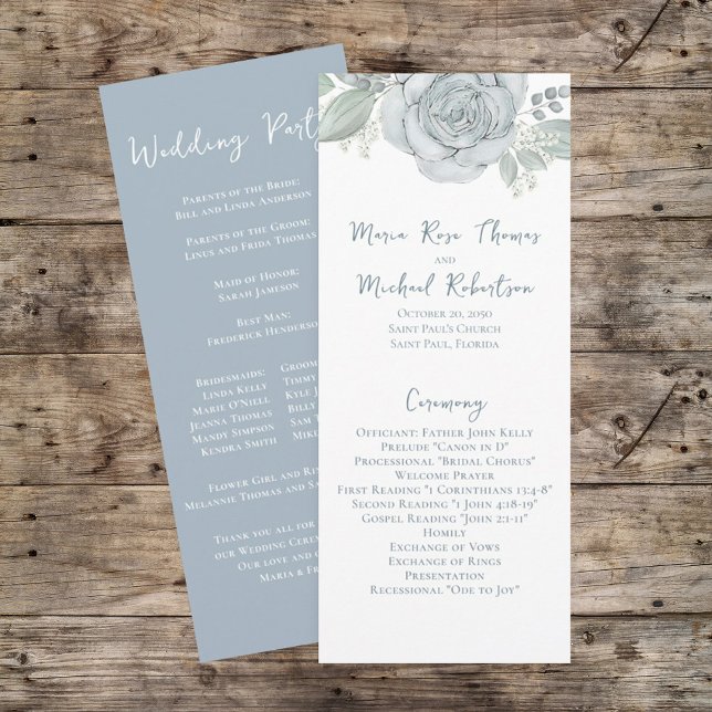 Dusty Blue Floral Rose Elegant Ceremony Program (Creator Uploaded)