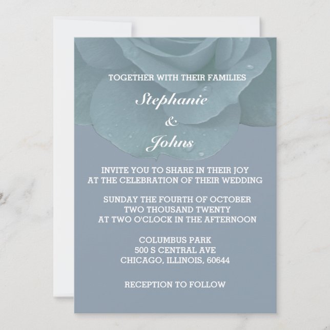 Dusty Blue Floral Rose Elegant Trendy Wedding Invitation (Front)