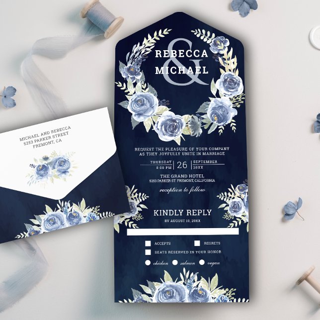 Dusty Blue Floral Rose Garland Navy Blue Wedding All In One Invitation (Creator Uploaded)