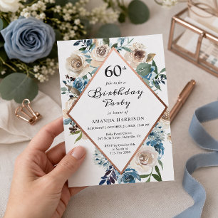 Dusty Blue Floral Rose Gold Birthday Invitation