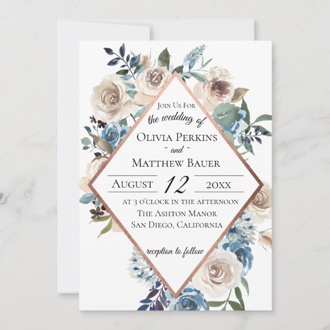 Dusty Blue Floral Rose Gold Wedding Invitation (Front)