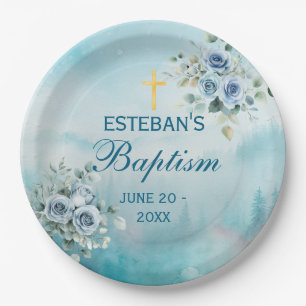 Dusty Blue Floral Rose Paper Plate