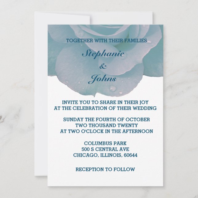 Dusty Blue Floral Rose White Cool Elegant Wedding Invitation (Front)