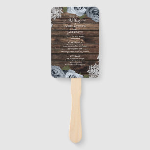 Dusty Blue Floral Roses Rustic Wood Lace Wedding Hand Fan