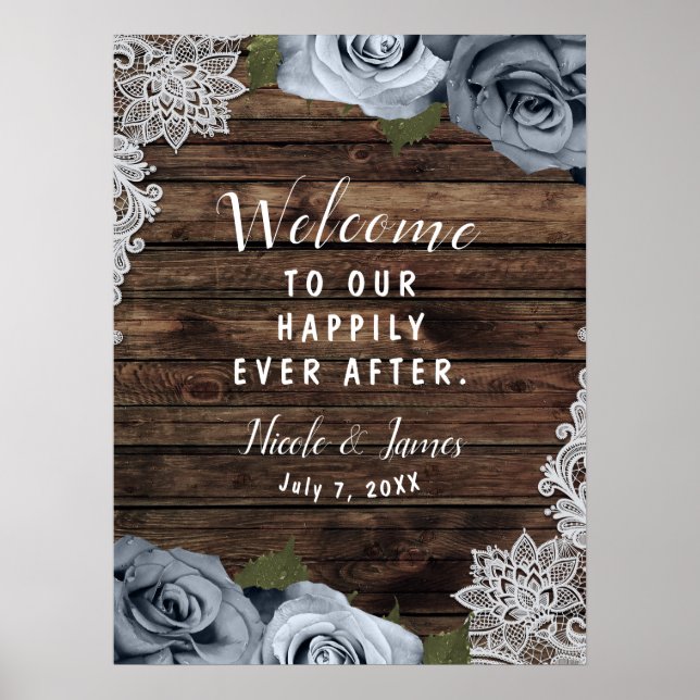 Dusty Blue Floral Roses Rustic Wood & Lace Wedding Poster (Front)