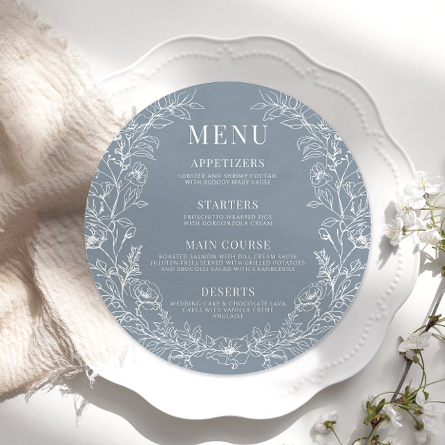 Dusty blue floral round wedding Menu Card Plate (Creator Uploaded)