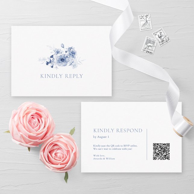 Dusty Blue Floral RSVP Card with QR Code (Creator Uploaded)