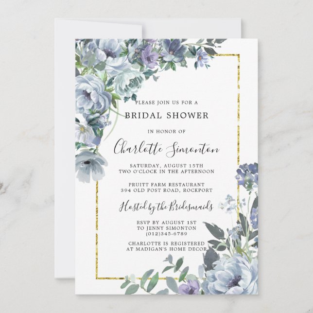 Dusty Blue Floral Rustic Bridal Shower Invitation (Front)