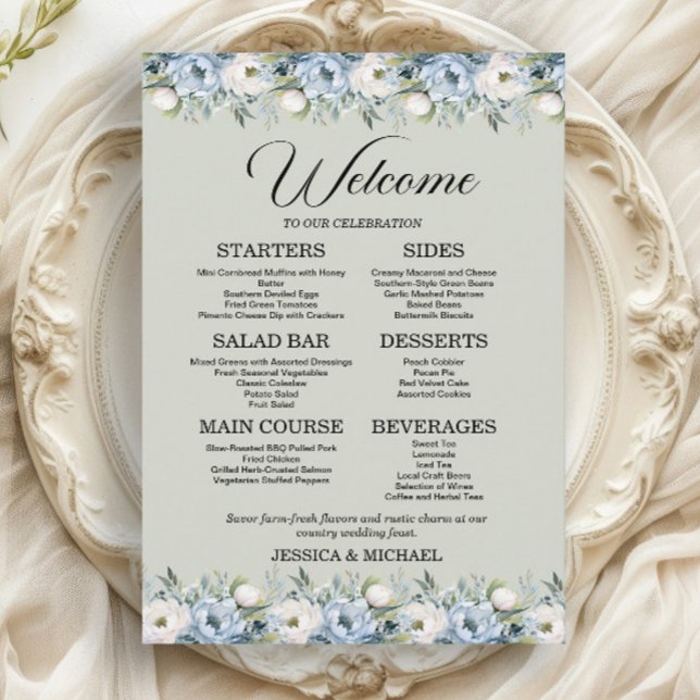 Dusty Blue Floral Sage Green Wedding Reception Menu (Dusty blue and white watercolor floral on sage green 5"x7" wedding menu)