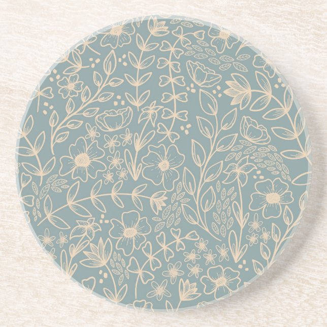 Dusty Blue Floral Sandstone Coaster (Front)