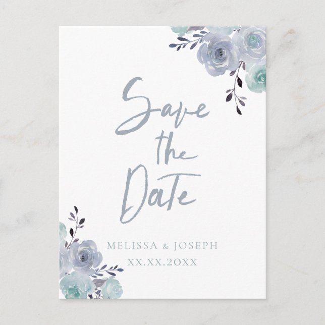 dusty blue floral save the date announcement postcard (Front)
