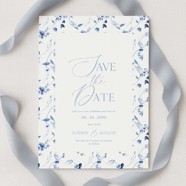 Dusty Blue Floral Save the Date Card (Creator Uploaded)