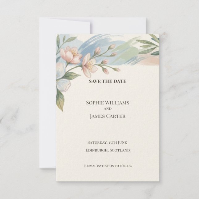 Dusty Blue Floral Save The Date Card (Front)