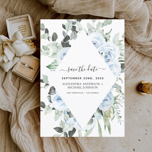 Dusty Blue Floral Save the Date Greenery Invitation (Creator Uploaded)