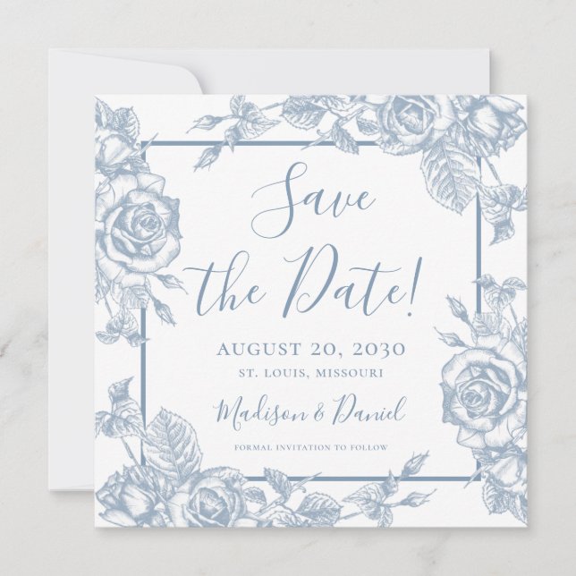 Dusty Blue Floral Save The Date Invitation (Front)
