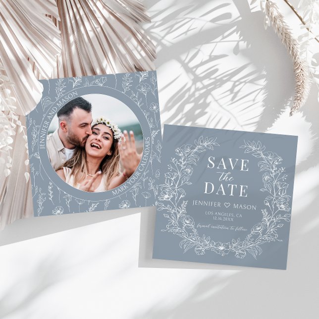 Dusty blue floral Save the Date photo invitation (Creator Uploaded)