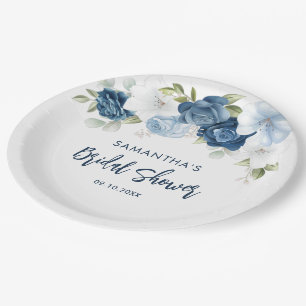 Dusty Blue Floral Script Bridal Shower Paper Plate