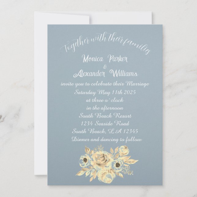 Dusty Blue Floral Script Elegant Boho Invitation (Front)