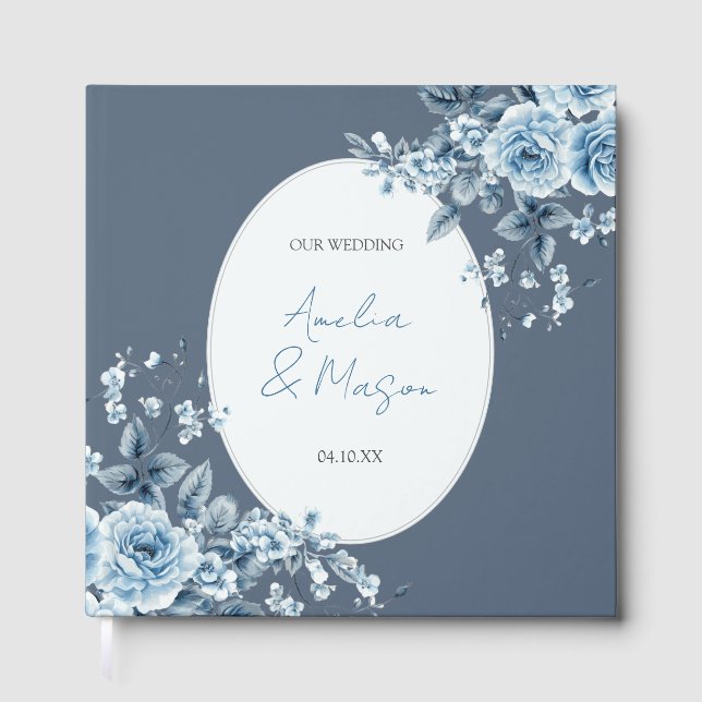 Dusty Blue Floral Script Elegant Wedding  Guest Book (Front)