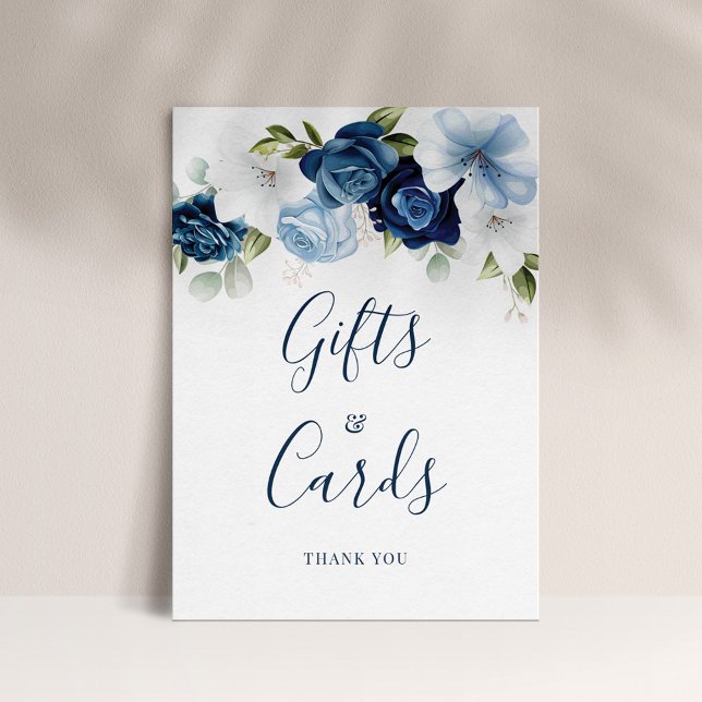 Dusty Blue Floral Script Gifts and Cards Wedding Poster (Dusty Blue Floral Botanical Script Gifts and Cards Display Card)