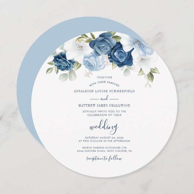 Dusty Blue Floral Script Modern Wedding Invitation (Front/Back)