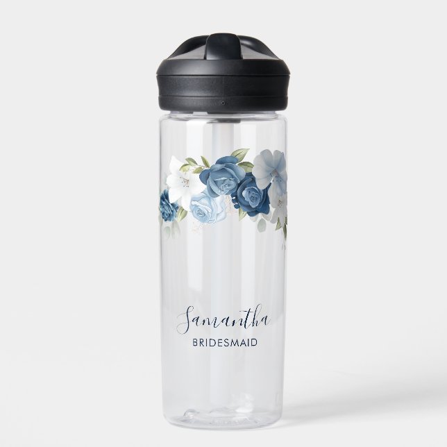 Dusty Blue Floral Script Wedding Bridesmaid Custom Water Bottle (Front)