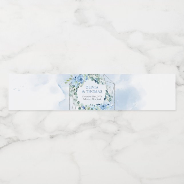 Dusty Blue Floral Silver Geometric Frame greenery Water Bottle Label (Single Label)