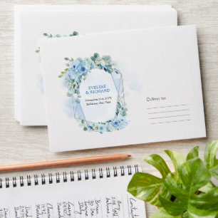 Dusty Blue Floral Silver Geometric Frame wedding Envelope