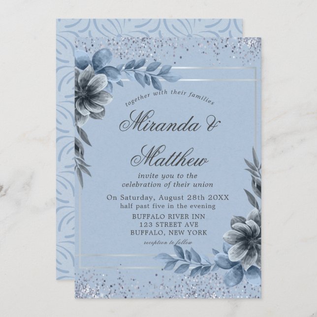 Dusty Blue Floral Silver Wedding Invitations  (Front/Back)