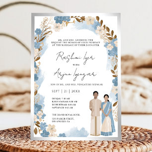 Dusty Blue Floral South Indian Couple Wedding Invitation