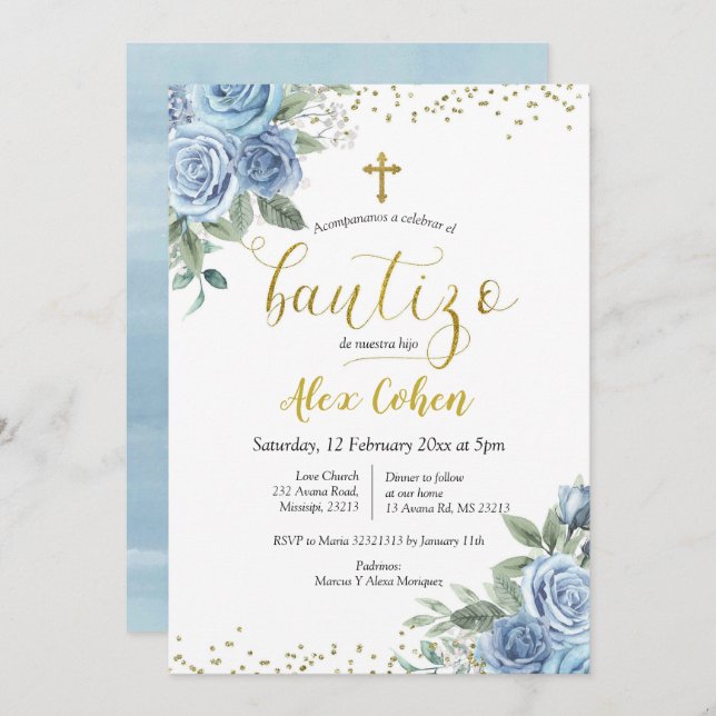 Dusty Blue Floral Spanish Boy Bautizo Invitation (Front/Back)