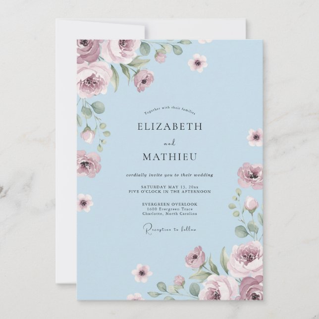 Dusty Blue Floral Sprig Wedding Invitation (Front)