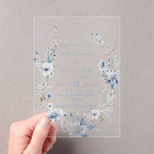 Dusty Blue Floral Spring greenery Wedding Acrylic Invitations