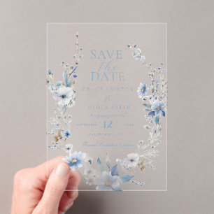 Dusty Blue Floral Spring greenery Wedding Acrylic Invitations