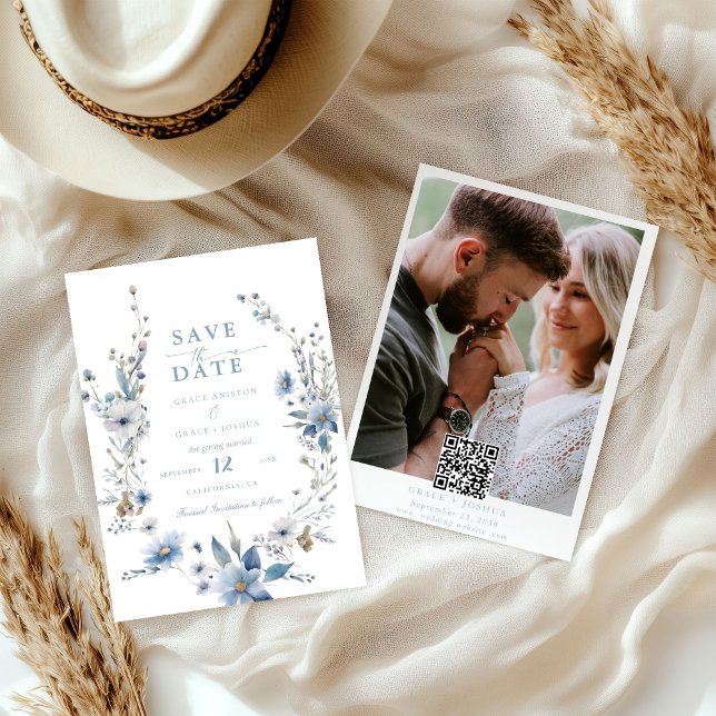 Dusty Blue Floral Spring greenery Wedding Save The Date (Creator Uploaded)