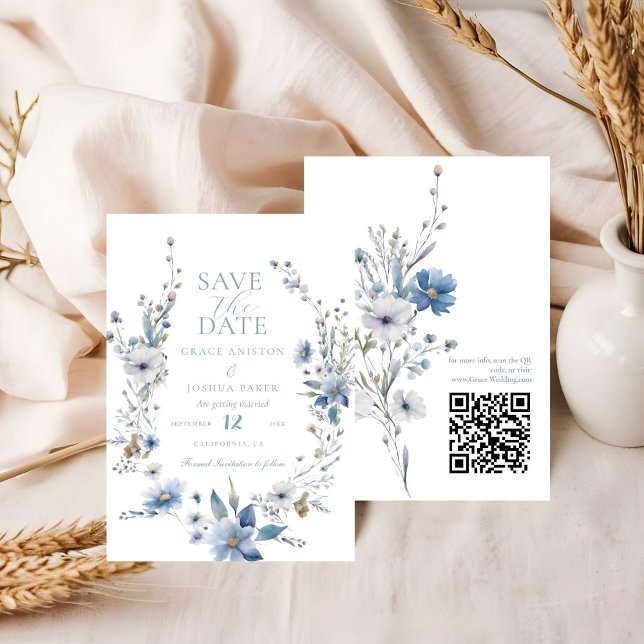 Dusty Blue Floral Spring greenery Wedding Save The Date (Creator Uploaded)