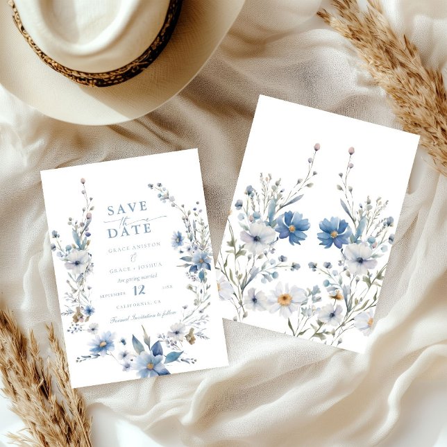 Dusty Blue Floral Spring greenery Wedding Save The Save The Date (Creator Uploaded)