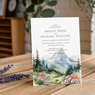 Dusty Blue Floral Spring Mountains Wedding Invitation
