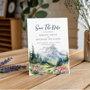 Dusty Blue Floral Spring Mountains Wedding Save The Date